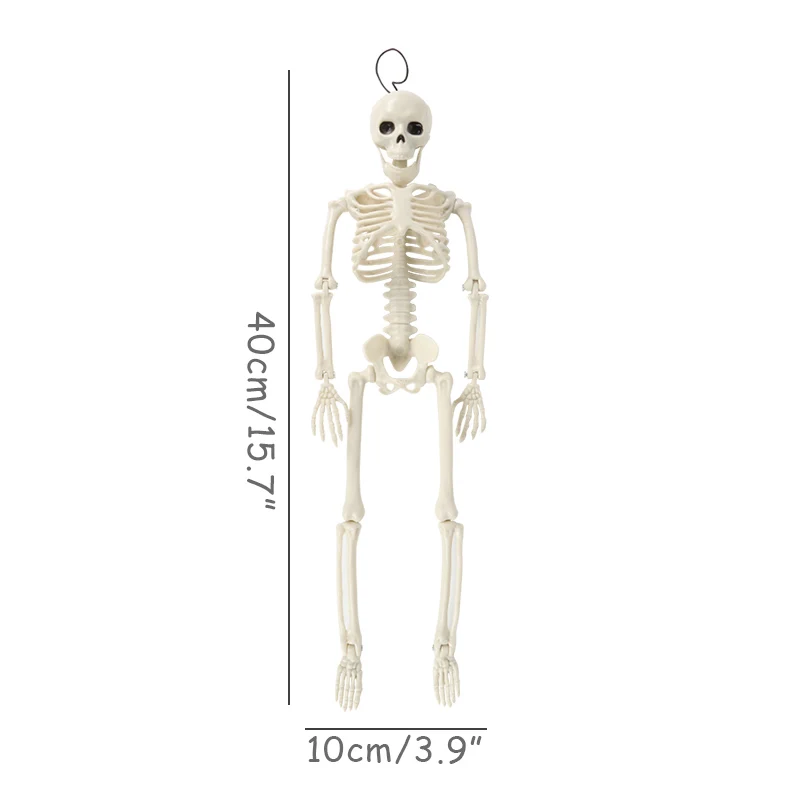 40cm Posable Halloween Skeleton Full Body Posable Joints Hanging Skull Bones for Spooky Scene Party Haunted House Graveyard Prop