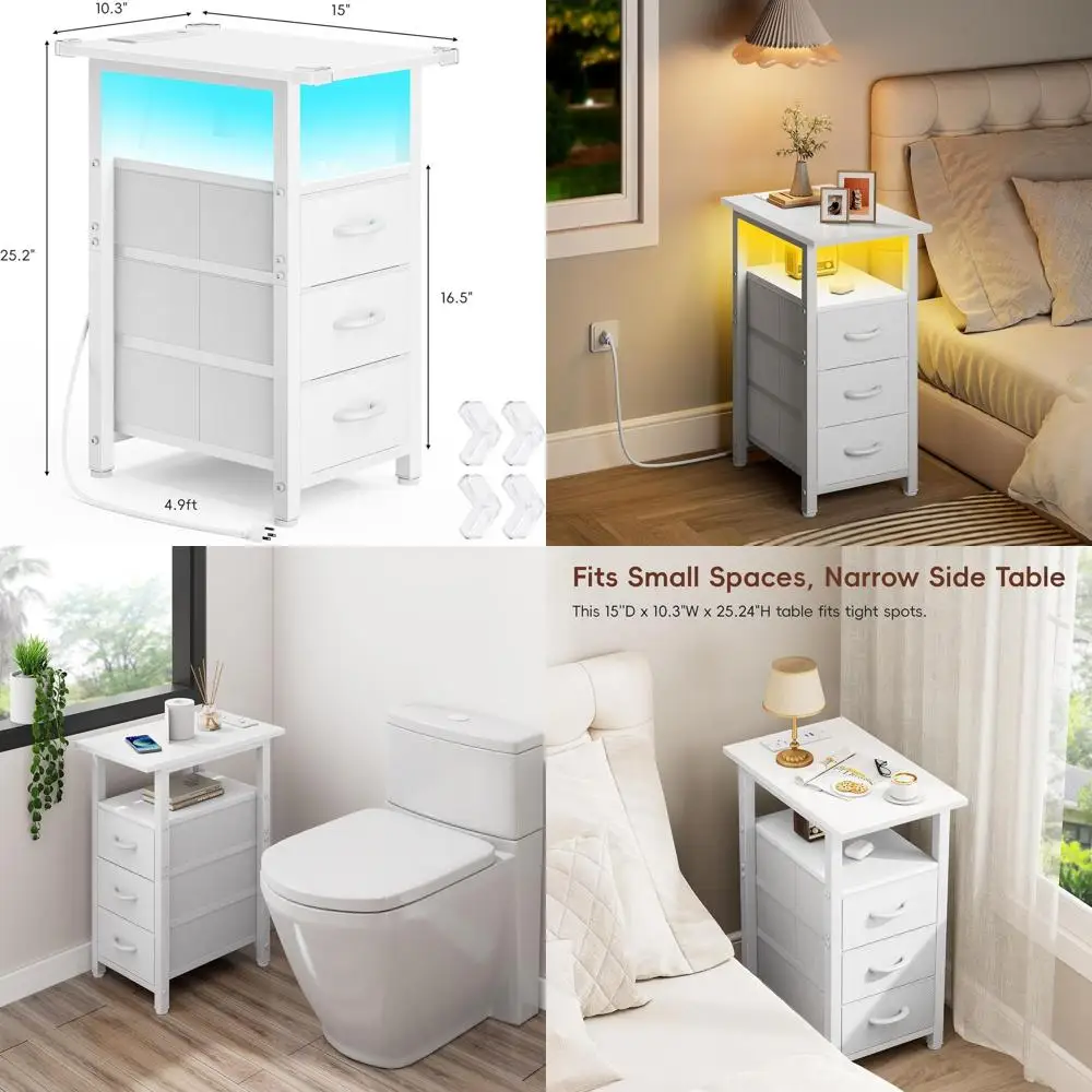 

Set of 2 White Nightstand with Charging Station and LED Lights, Narrow End Table, LED Night Stand with 3 Fabric Drawers for Bedr