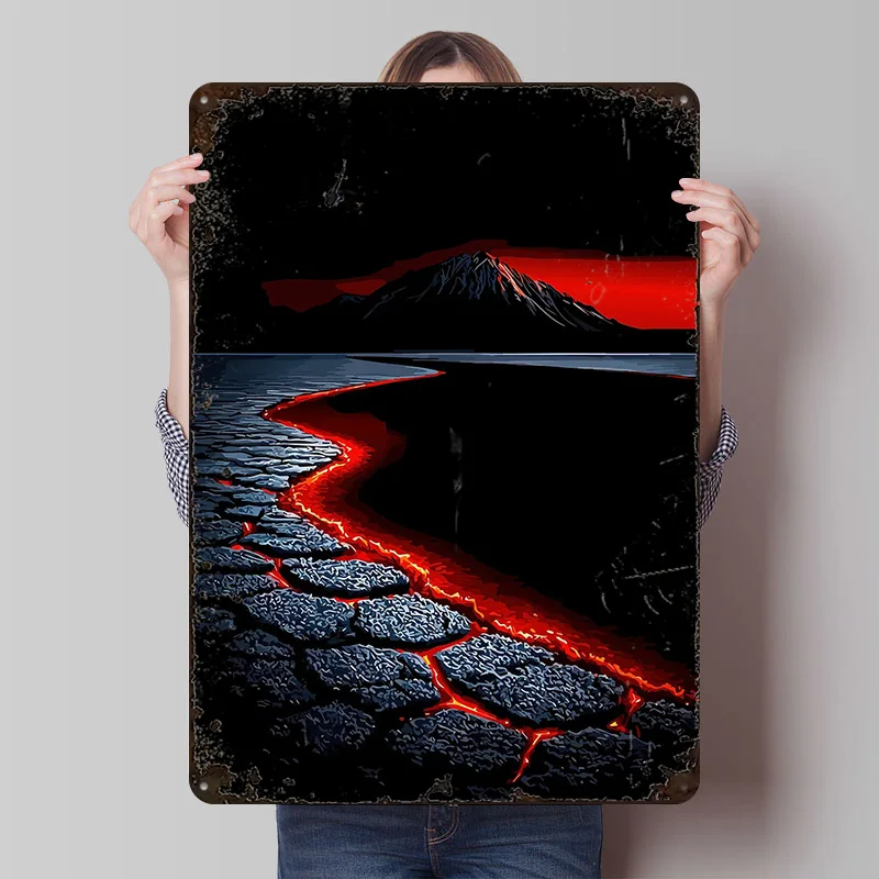 Affiche Paysage Volcanique avec Flux de Lave, Plaque Métallique Vintage Personnalisée, Art Mural Rétro en Étain pour Décoration de Maison, Décoration Murale de Chambre