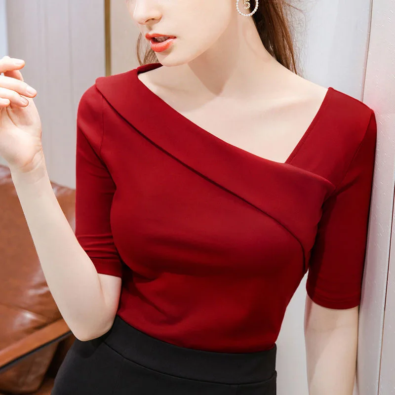 Woman\'s Clothing Spring Summer Style Basic T-Shirts Tops Lady Slim Short Sleeve Skew Collar Sheath Tops SS055