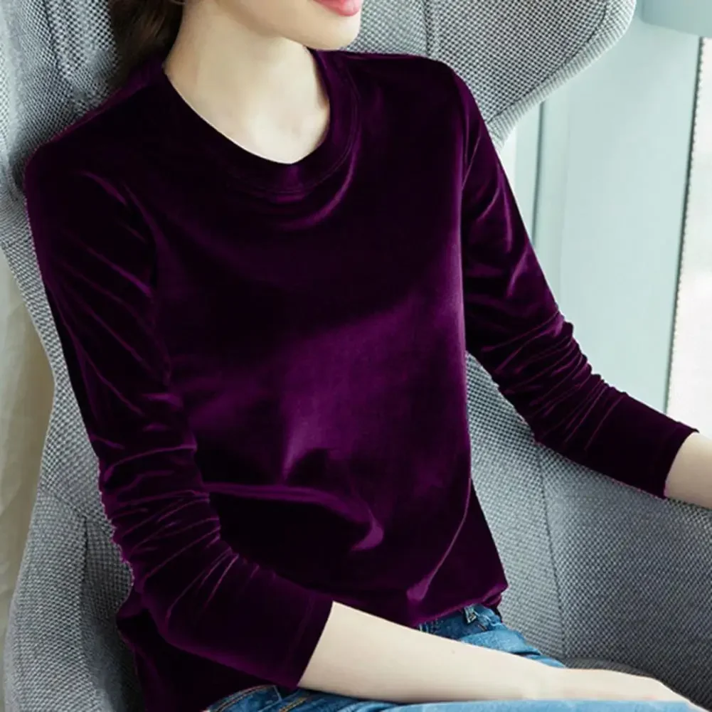 Velvet Women Blouse O-Neck Long Sleeve Plush Women Blouse Chic Bright Surface T-shirt Bottoming Shirt Lady Autumn Undershirt Top