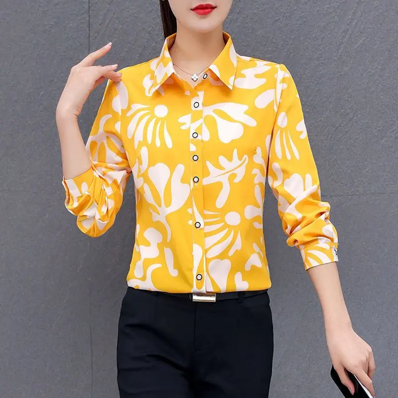 2024 High End Women\'s New Spring Autumn Turn-down Collar Button Printed Elegant Versatile Slim Long Sleeve Commuter Shirt Top