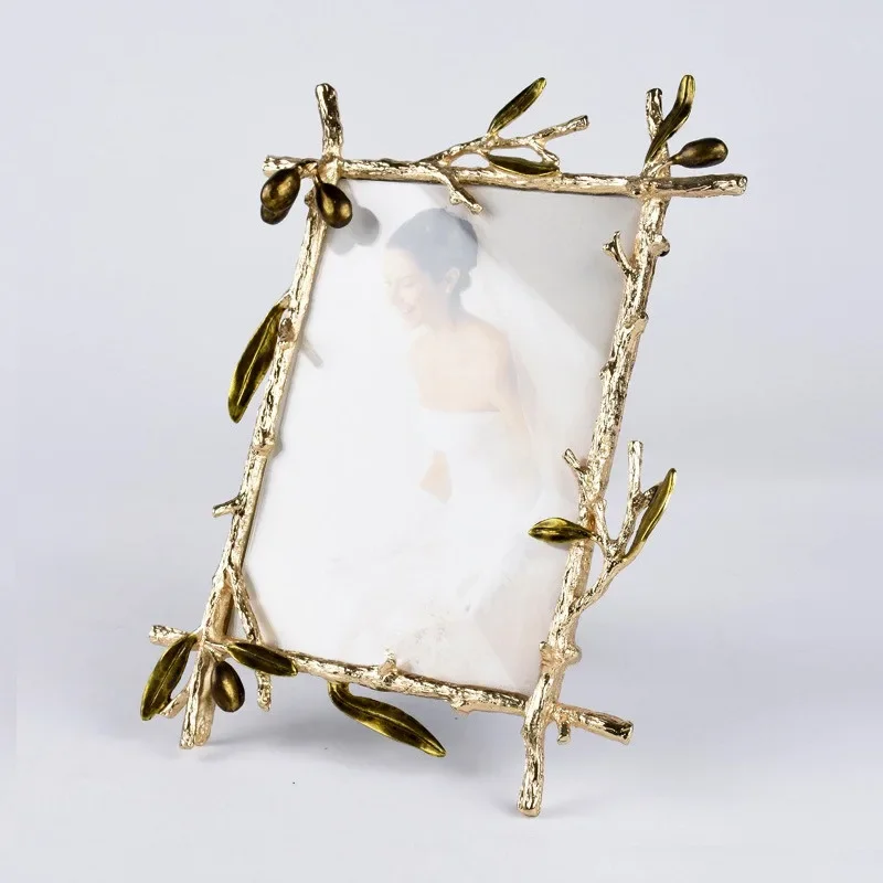 Golden Metal Picture Frame with Olive Branch Border - Photo Display for Background Wall, Decorative Accessory