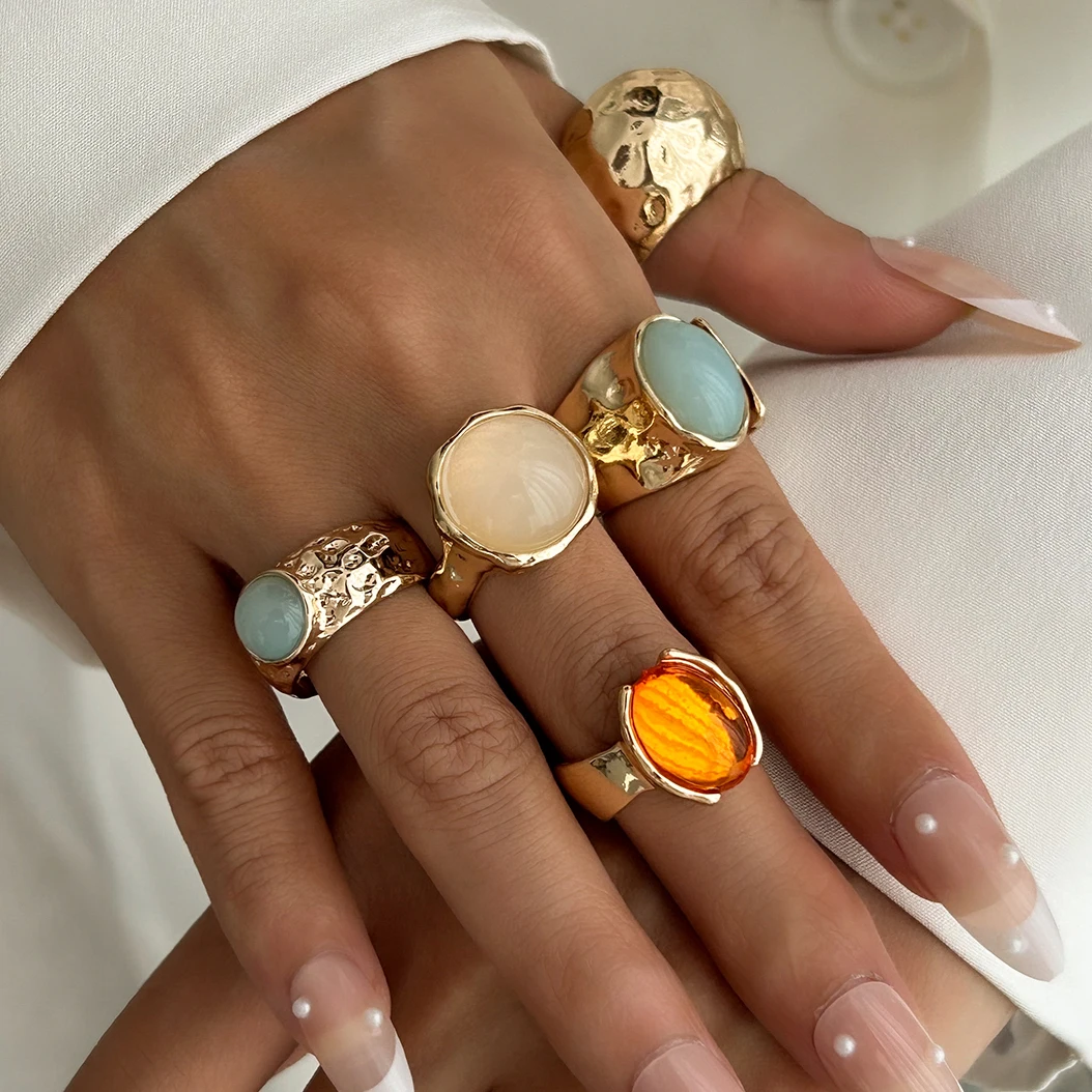 Ingemark 5Pcs/Set Retro Gold Color Irregular Metal Ring for Women Bohemian Open Adjustable Wide Ring Aesthetic Y2K Jewelry Gift