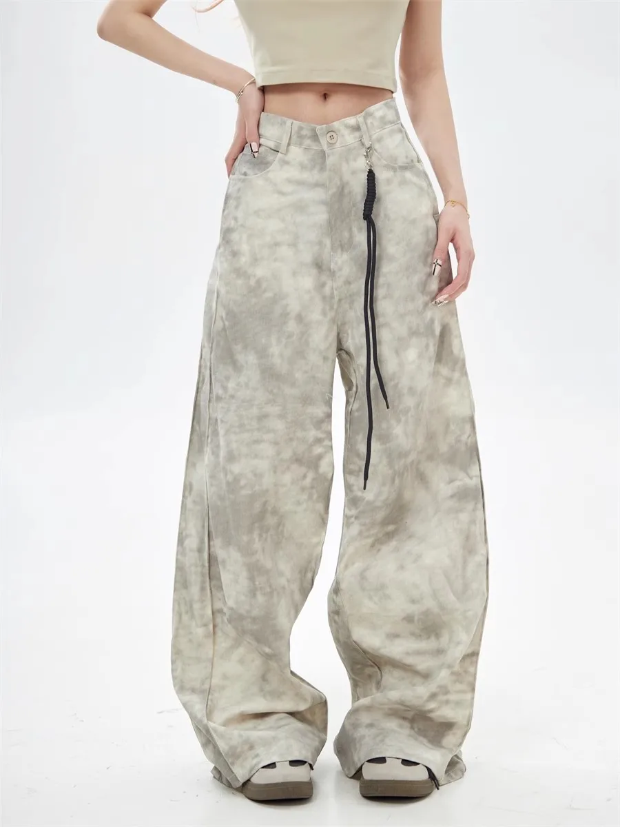 

Y2K Брюки с принтом тай-дай, женские винтажные рабочие брюки Sand Dune, высокая талия, с завышенной талией, широкие брюки, ленивый стиль