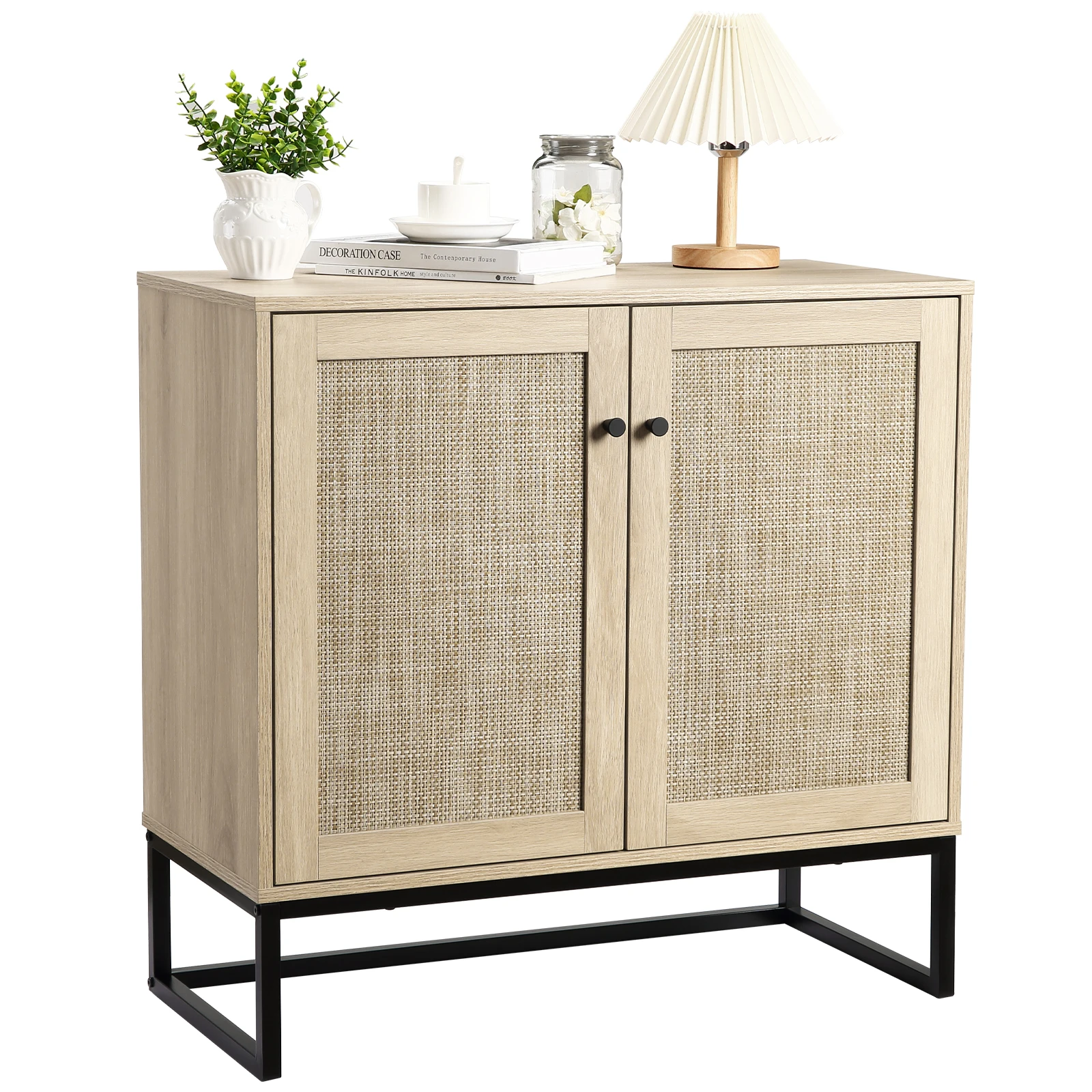 Buffet Cabinet with Storage,Rattan Sideboard Storage Cabinet, Farmhouse Credenzas Hallway Console Table with Adjustable Shelf