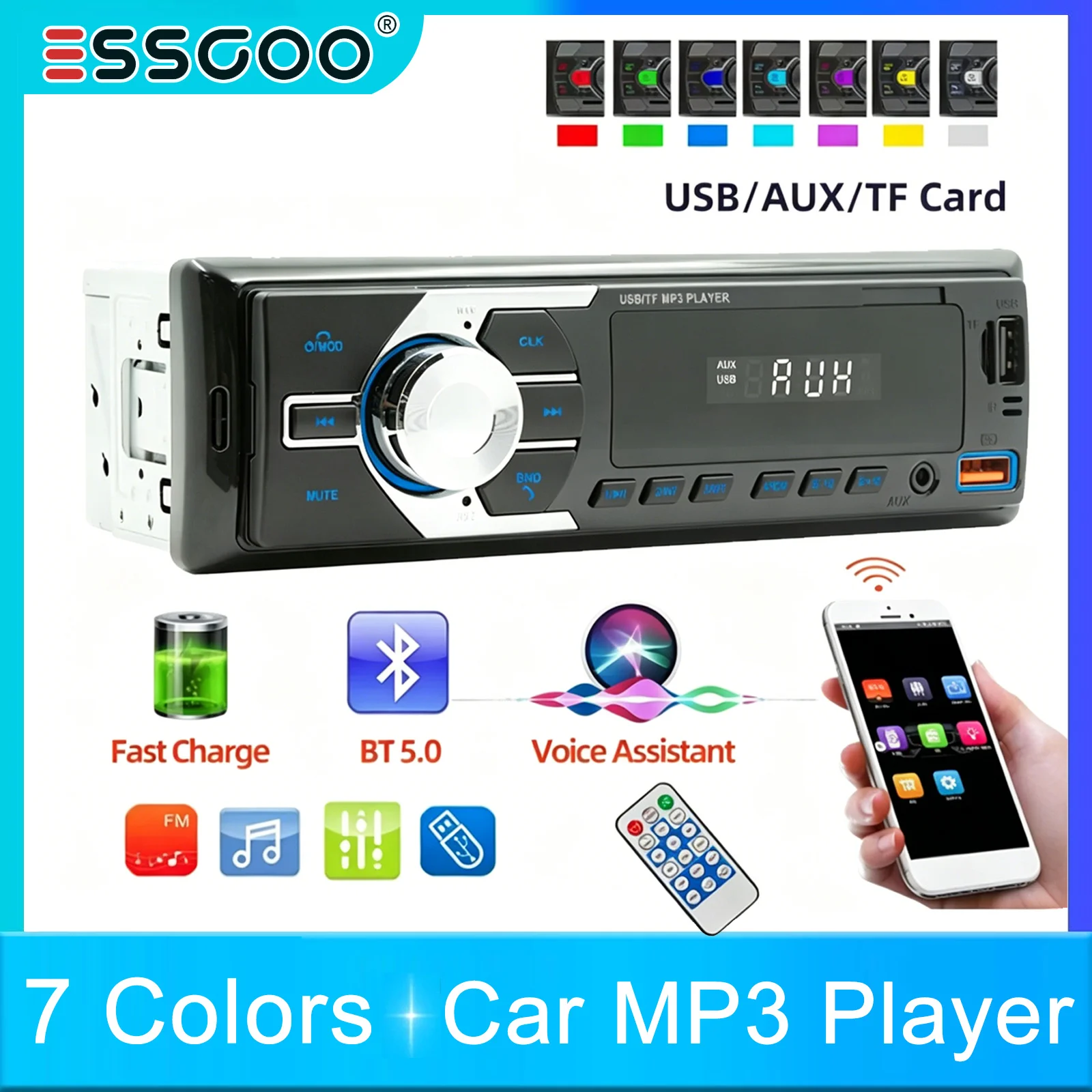 ESSGOO Autoradio Single 1DIN Universal mit Freisprechfunktion, 7 Farben, Radio, Bluetooth, Lichter, MP3-Player, USB, FM, Aux-In, USB-Sprachsteuerung