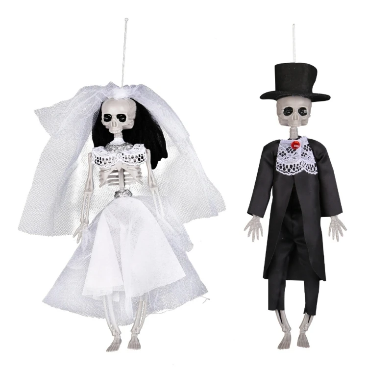 Halloween Hanging Skeleton Couple Poseable Bride Groom Figure Hanging Decors Theme Party Props Festival Hanging Pendant