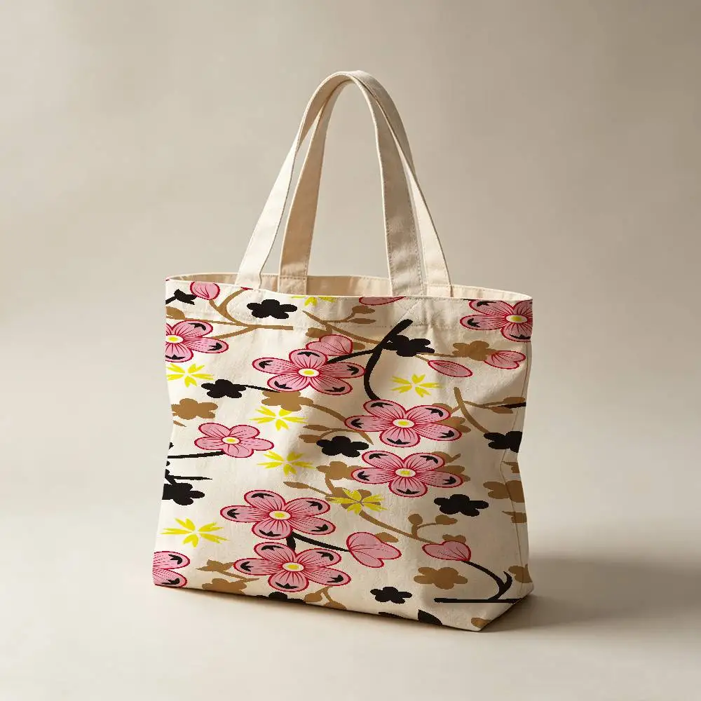 Cherry Blossom Waterproof Canvas Tote Bag Large Capacity Reusable Shopping Bags Casual Student Daily Handbag