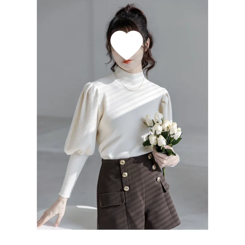 เสื้อสเวตเตอร์ผู้หญิง แขนพอง คอเต่าครึ่งตัว ดีไซน์ทันสมัย สีพื้น สำหรับฤดูใบไม้ร่วงและฤดูหนาว รุ่นใหม่ล่าสุด