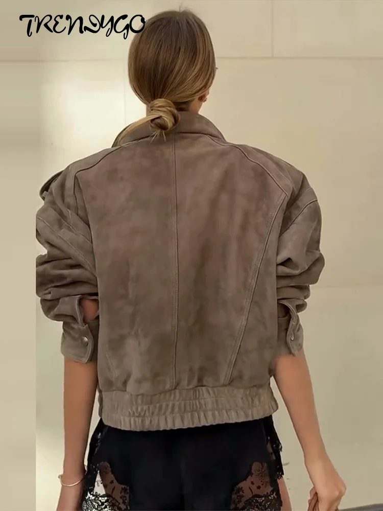 Camurça safari estilo curto bombardeiro jaquetas moda feminina gola epaulet elástico bainha botão solto casacos chiques senhoras outerwears - AliExpress 200000345