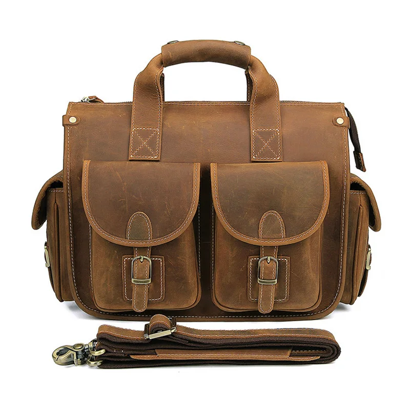 Vintage Crazy Horse Lederen Mannen Aktetas 15 "Laptop Business Tote Koe Schouder Messenger Bag Kantoor Handtas Portfolio