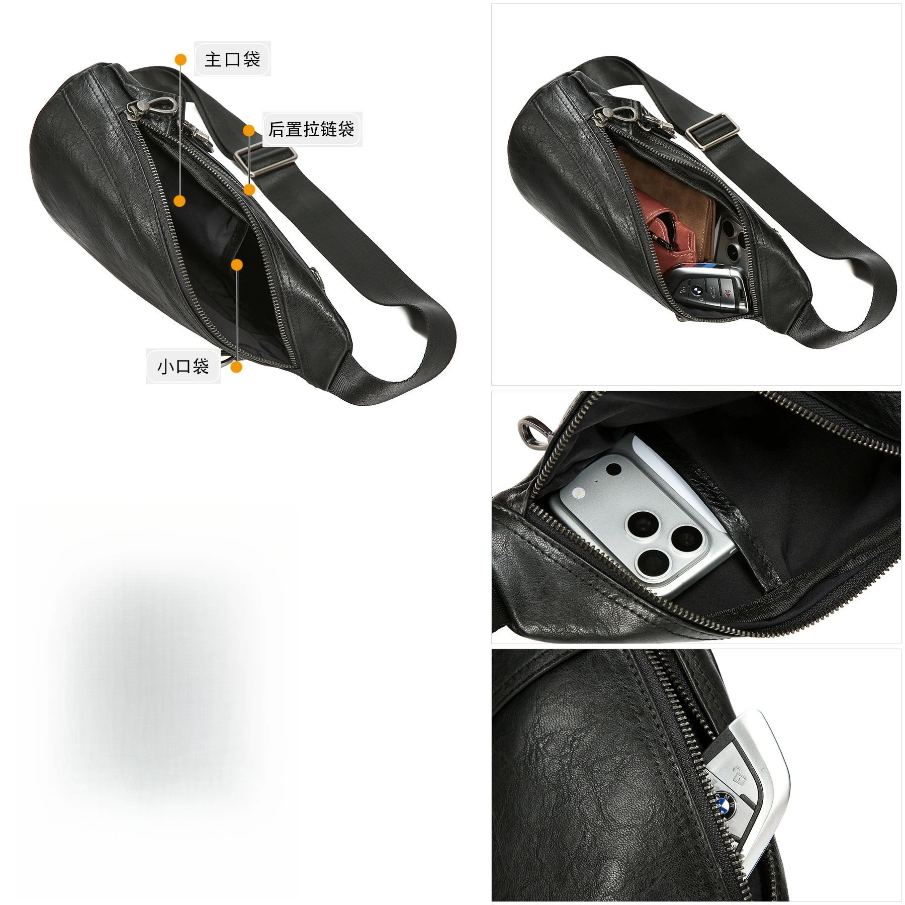 Real leather vintage men's high-end breast bag black simple daily commuting travel diagonal cross backpack