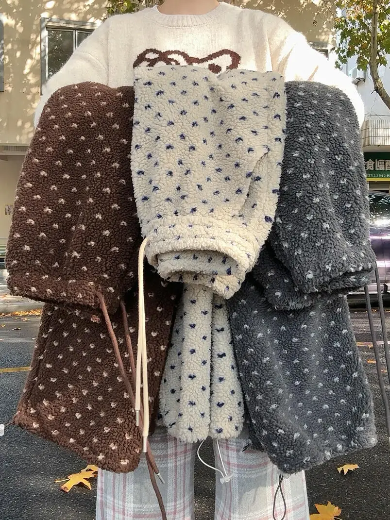 

Утепленные брюки из овечьего бархата с цветочным принтом и горошком для женщин, осенне-зимние, домашние, широкие, повседневные, с высокой талией, на резинке