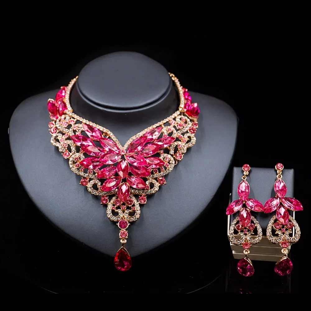 Fashion crystal-jewelry kolye vintage crystal jewelry Flower Statement Necklace earings For Women nigerian wedding african