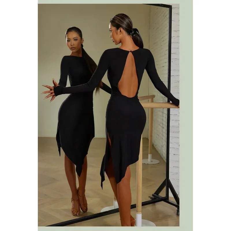 Vestido de dança latina vestido latino preto tango vestido rumba chacha franja vestidos latinos mulher volta cortar