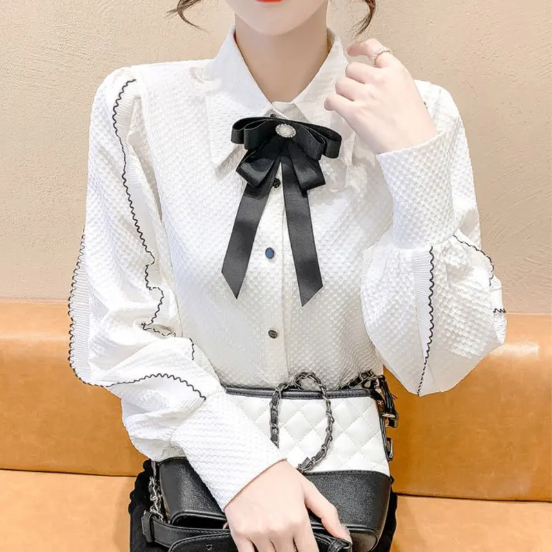 

French Style Bow Ruffles Spliced Shirt Spring Autumn Commute Single-breasted Women's Clothing Elegant Formal Polo-Neck Blouse