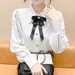 French Style Bow Ruffles Spliced Shirt Spring Autumn Commute Single-breasted Women's Clothing Elegant Formal Polo-Neck Blouse