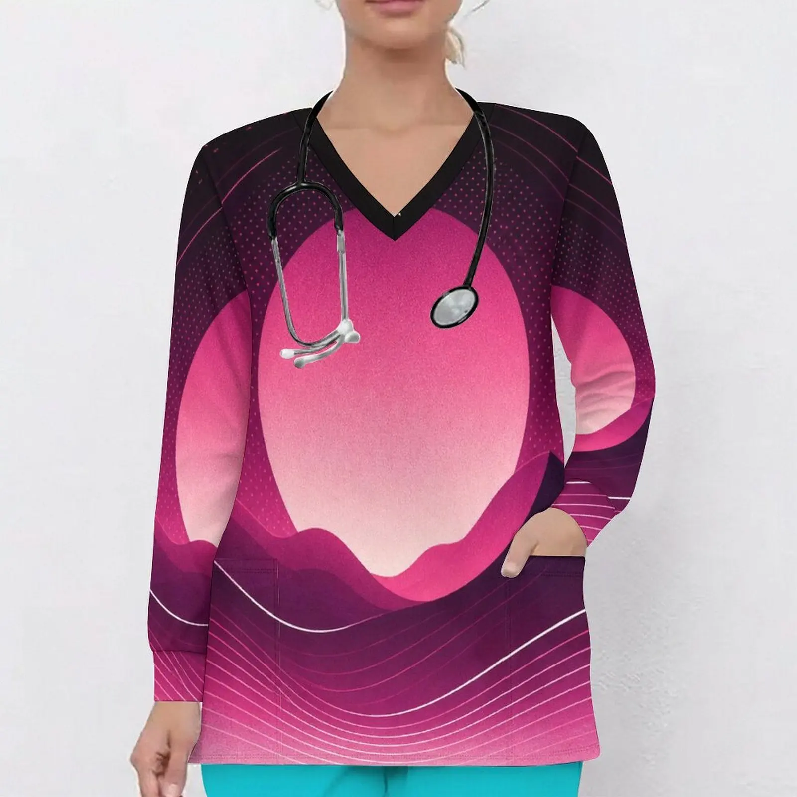 Women Scrub Top with Print V Neck Long Sleeve Front Pockets
