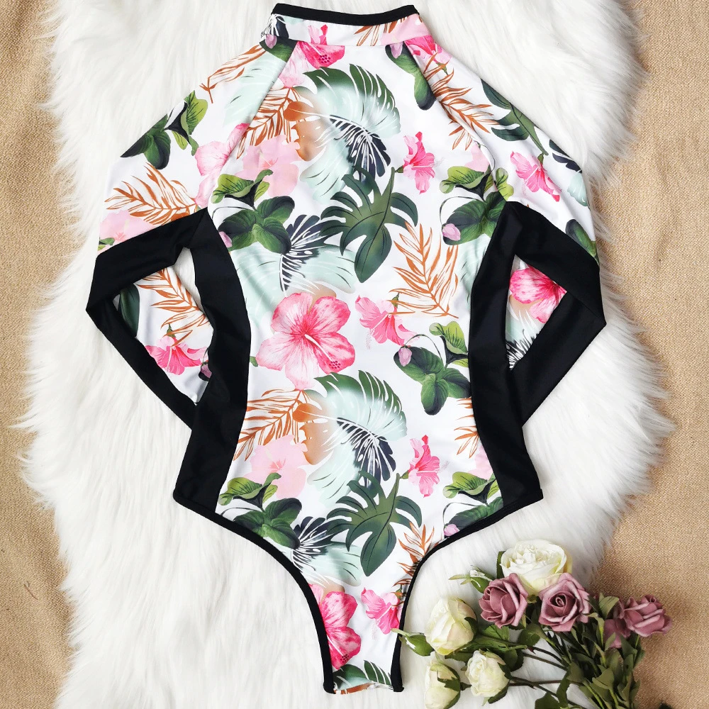 Print Floral One Piece Swimsuit Long Sleeve Swimwear Women Bathing Suit Retro Swimsuit Vintage One-piece Surfing Swim Suits