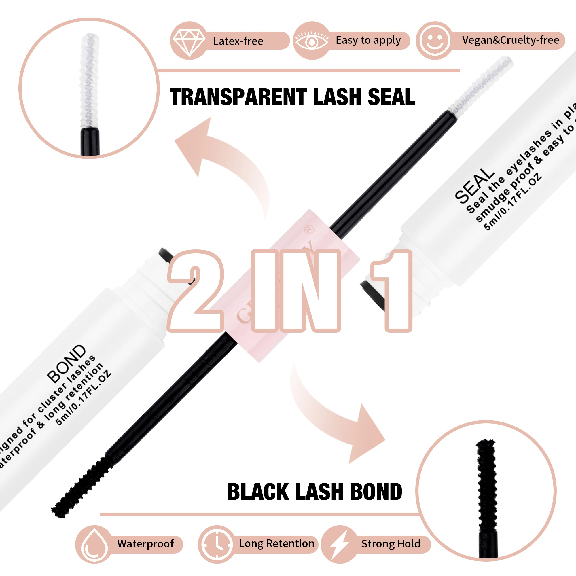 GEMERRY Lash Bond and Seal Cluster Lash Glue 2in1 for DIY Eyelash Extension Long Retention Waterproof Glue for Lash Clusters 5ml