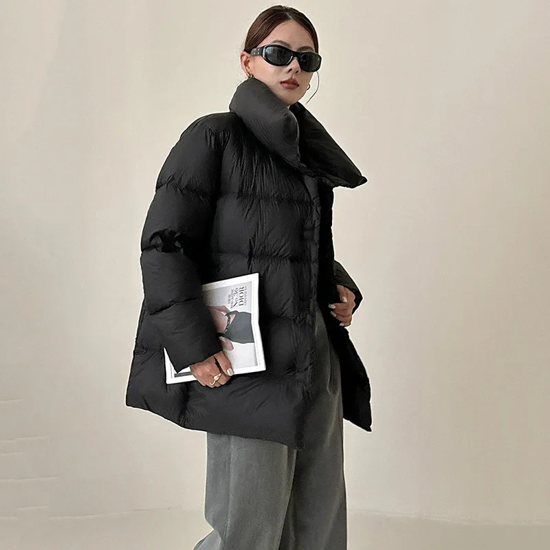 Schinteon المرأة الأبيض بطة أسفل سترة خفيفة لينة الخريف الشتاء الدافئة أبلى مع الوقوف طوق معطف فضفاض فاخر 2025 جديد #4