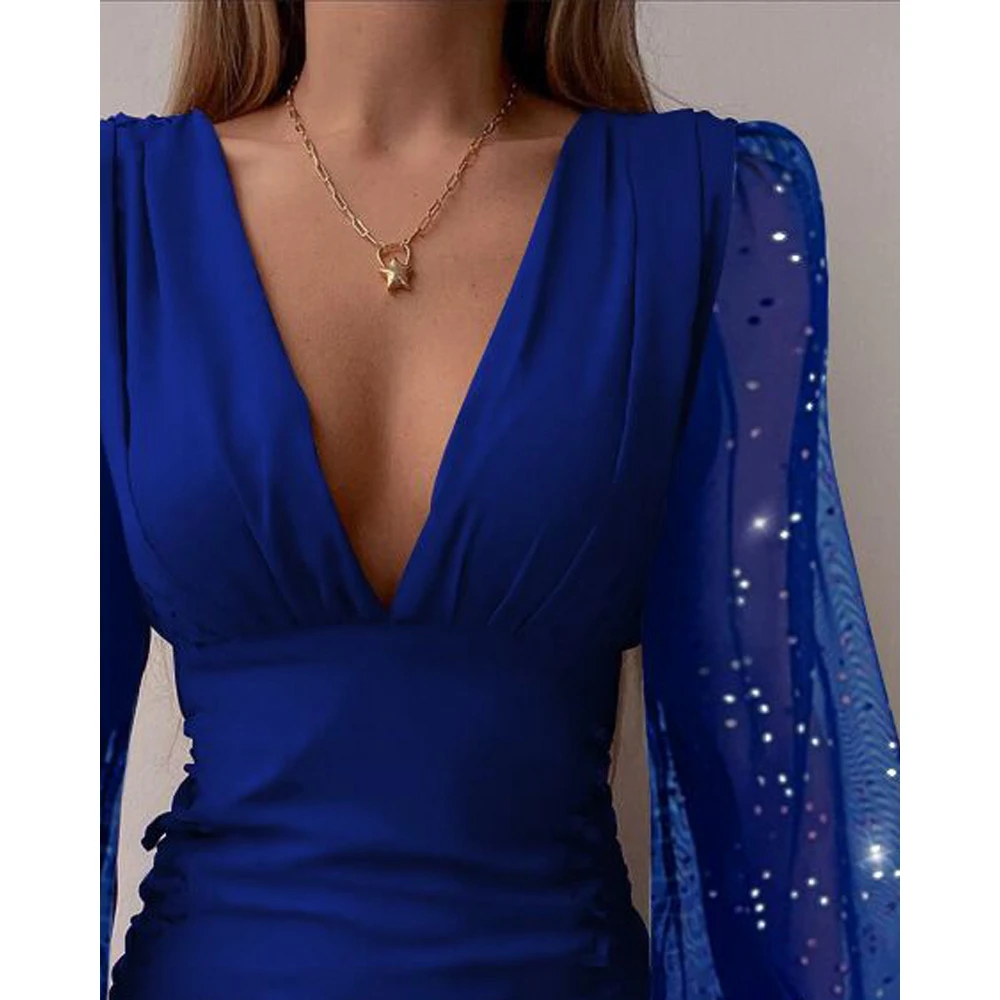 Spring Women Sequins Ruffle Hem Ruched Bodycon Dress 2022 New Femme Deep V Neck Lantern Sleeve Mini Boho Robe Lady Outfits Y2k