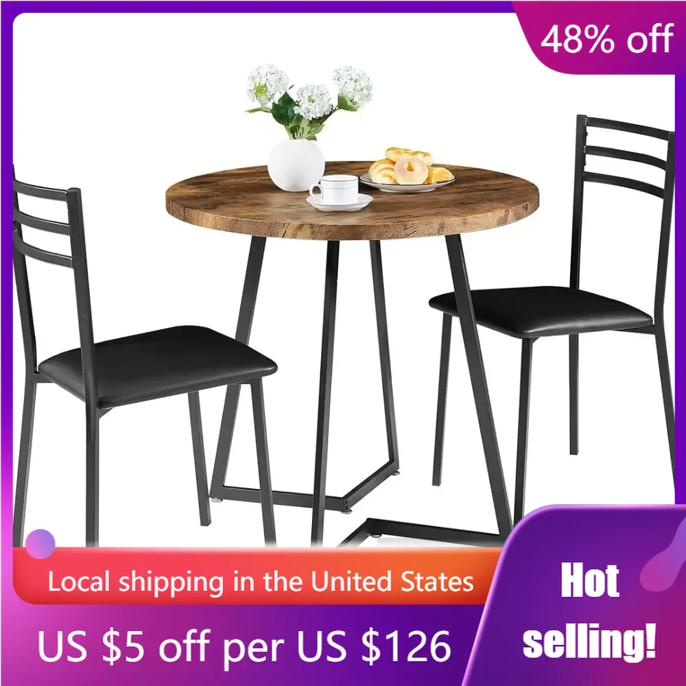 

Round Kitchen Table with 2 Upholstered Chairs, 3-Piece Wood Dinette Sets with Steel Frame for Breakfast Nook, Dining Room, Brown