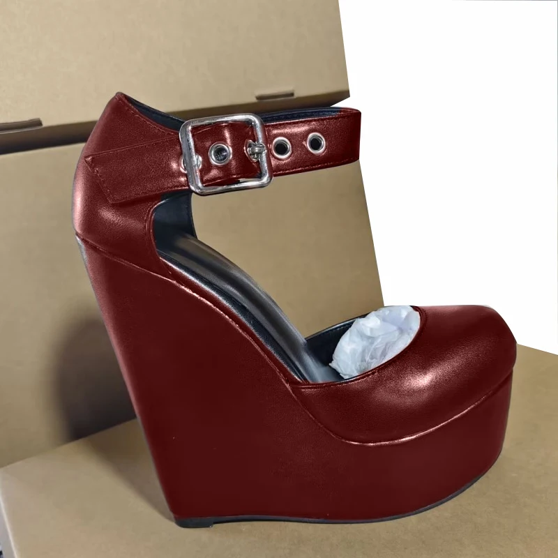 

DIZHUANG Fashionable women's high heels. Wine red (black) leather round toe shoes. Two piece ankle buckle shoes. About 15cm heel