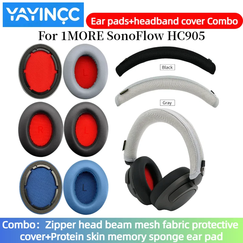 

YAYINCC Replacement Ear pads+Zipper headband cover Combo for 1MORE SonoFlow SE HC905 Headphones Memory Foam Ear Cushions