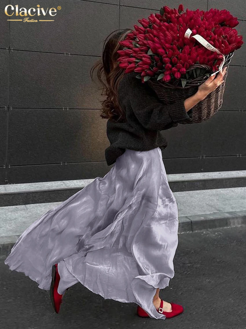 Clacive Fashion Loose Purple Women Skirt 2025 Casual High Waist Ankle Length Skirts Elegant Classic Solid Skirt Female Clothing