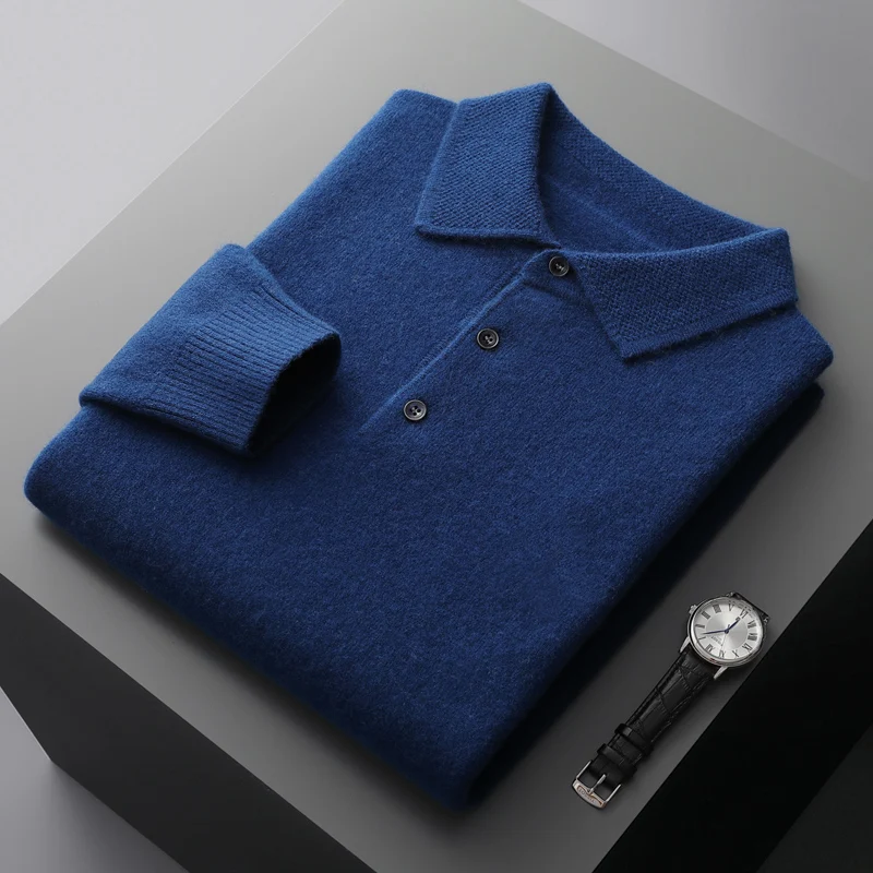 Pull en cachemire à col polo pour hommes, 100% pure laine, bouton à revers, tricot d'affaires, fond, automne et hiver, nouveau