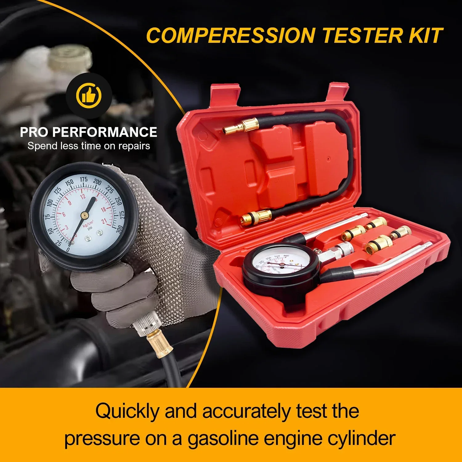 Engine Cylinder Pressure Tester, 0-300 PSI Compression Meter Gauge with M10 M12 M14 M18 Adapters, Car Repair Tool Kit