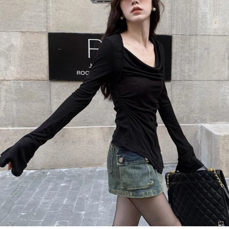 Y2K maglietta con spalle scoperte moda donna coreana Slim Harajuku Office Ladies Top Soft All Match Slash Neck Shirt Summer New