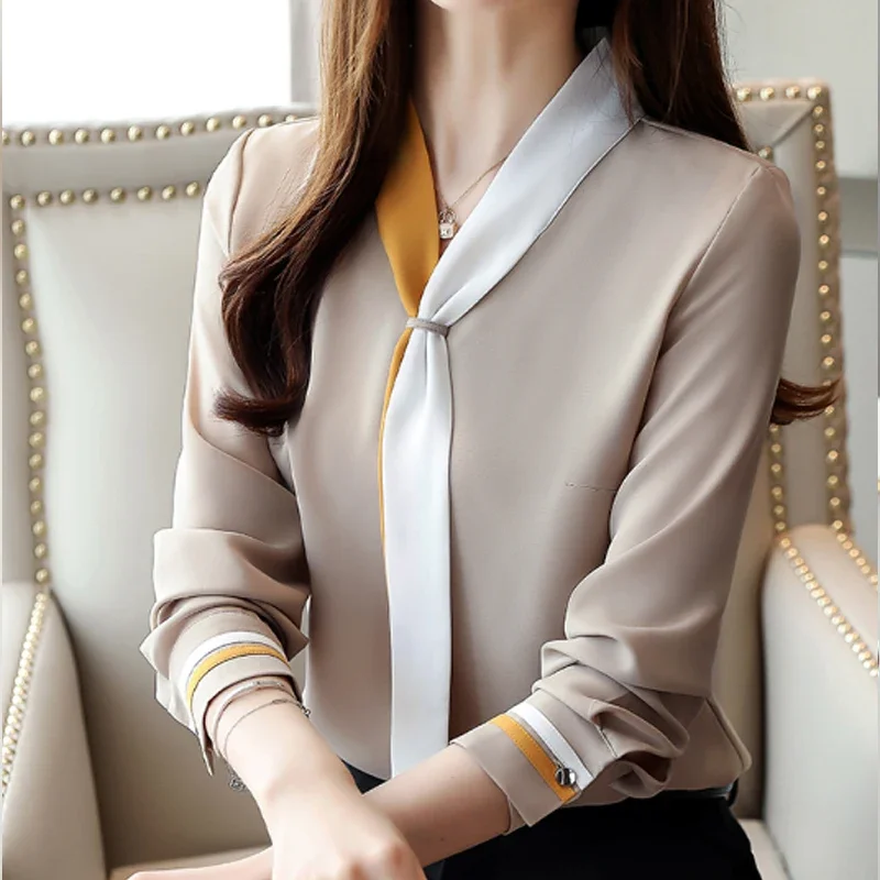 Autumn Office Shirt Spring Vintage Long Sleeve Chiffon Blouses Casual Solid Loose Tops Elegant V-Neck Women Clothing Blusas