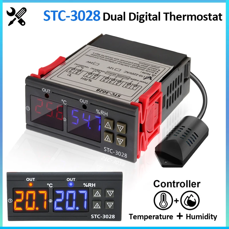 STC-3028 Dual Digital Thermostat Temperature Humidity Control AC 220V DC 12V 24V Thermometer Hygrometer Incubator Controller