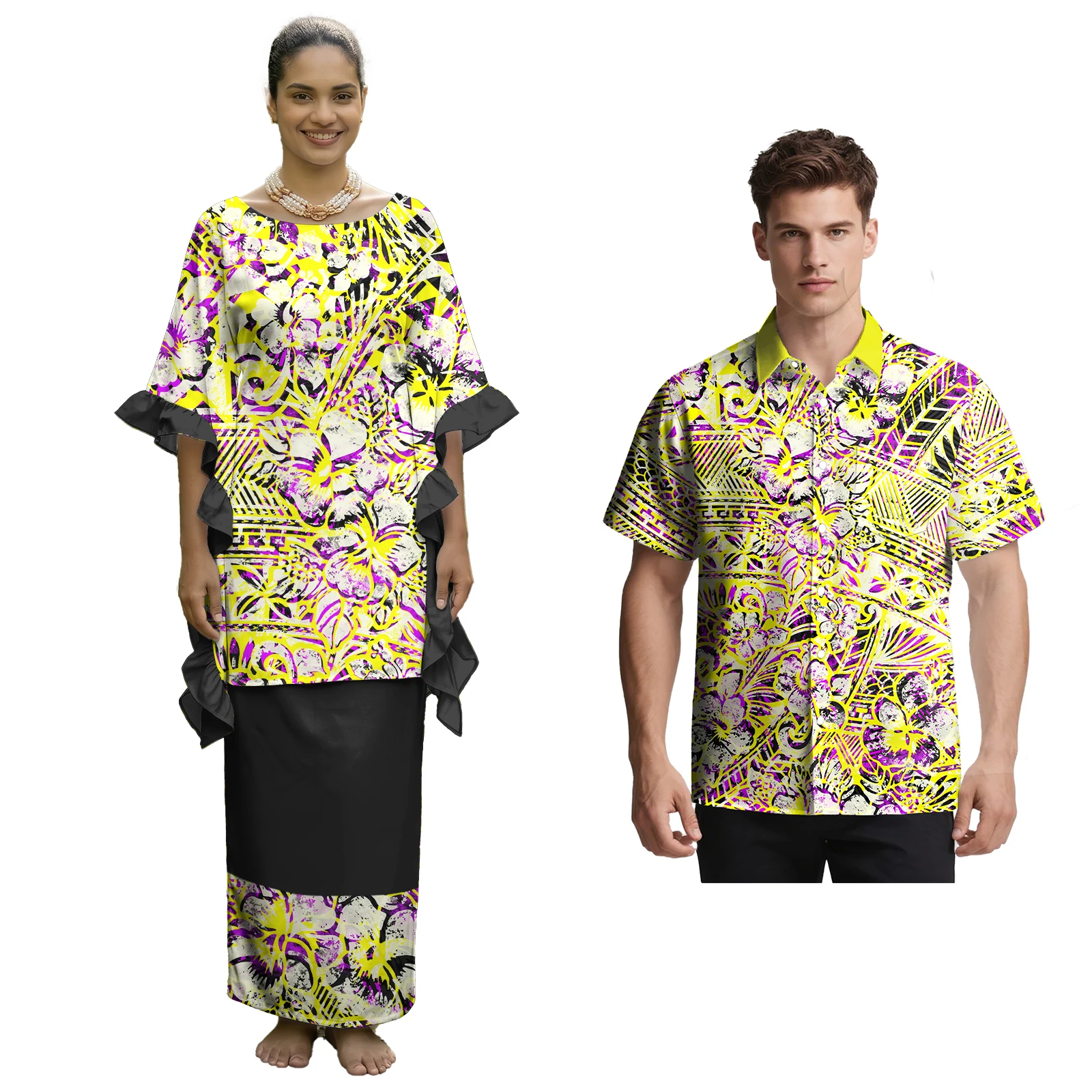 Polynesian Couple Sweet Match Outfits Aloha Casual Men Shirts Women Flounce Sleeve Samoan Puletasi 2 Piece Custom Couple Clothes view 3