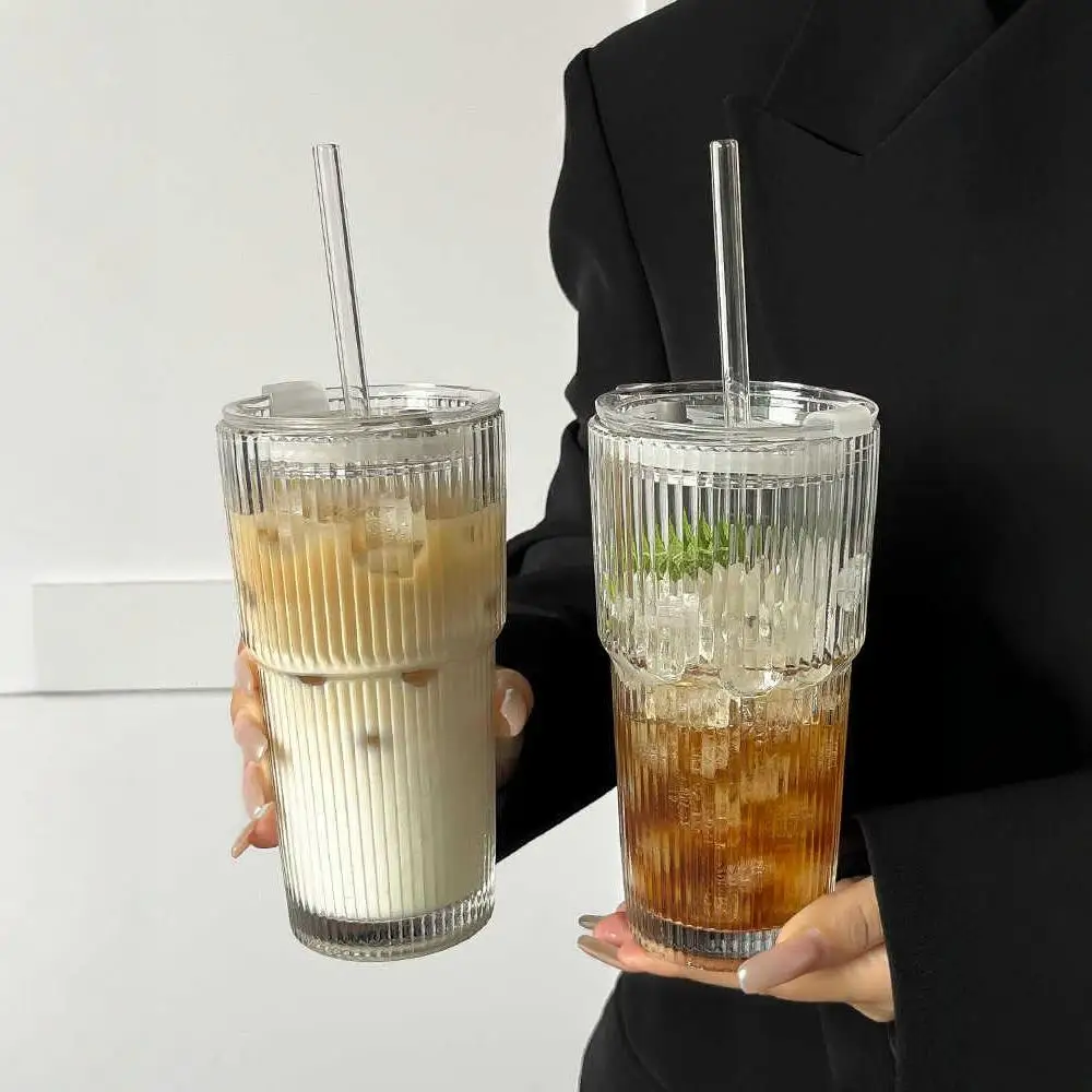 

Large Capaci Glass Cup Staable Vertical Stripe Coffee op Retro Ice American Latte Cup Water Cup Beverage Cup Ins Sle