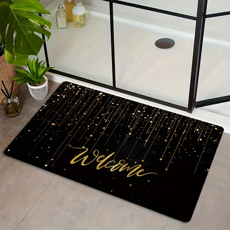 1pc Black and Golden Line Welcome Mat, Winter Christmas Decoration Christmas Door Mat, High Quality Polyester Soft Non-slip Wa