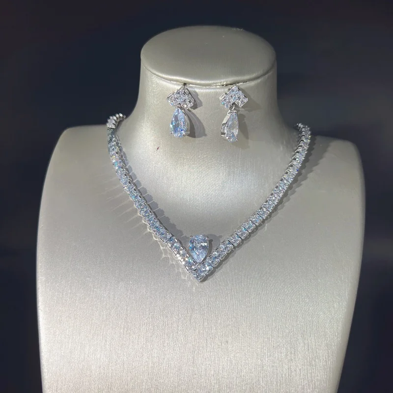 elegant-simple-v-shape-diamond-necklace-and-earings-set-for-women-dinner-party-dress-accessories-fashionable-jewelry-combo