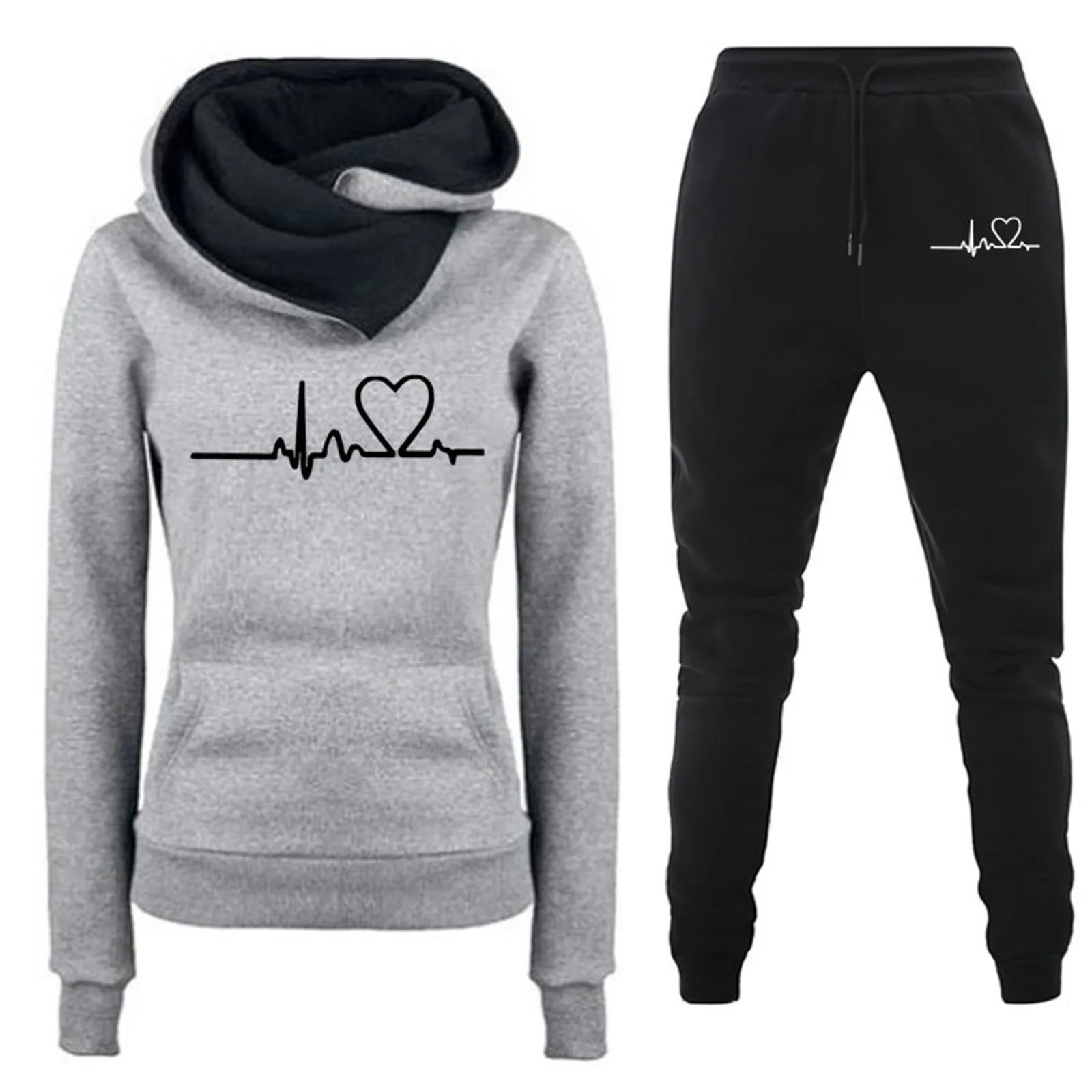 

Autumn Winter Hoodies 2 Pieces Sets Women Heart Printing Vintage Long Sleeve Fashion Pullovers Sweatshirt Tops Warm Hooded 2023