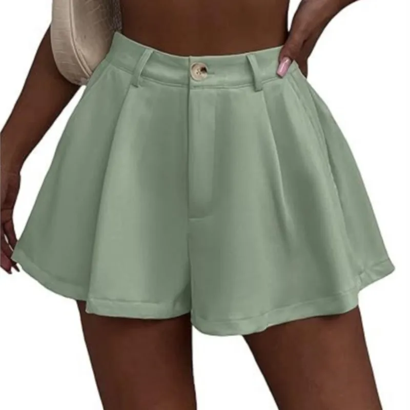 Women's Elastic High Waist Shorts Chic Wide-leg Flowing Shorts Pleated Button Formal Short Pants 2025 Summer Female New Clothing