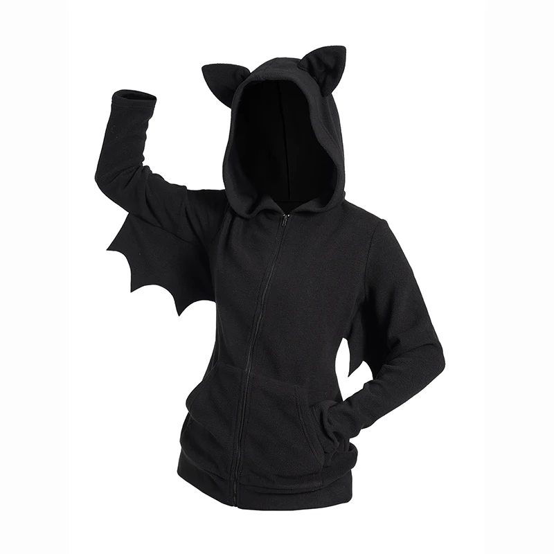 Dressfo 2024 Women's Halloween Costume Bat Fleece Hooded Jacket Zip Up Solid Color Top With Hood Coat Tops