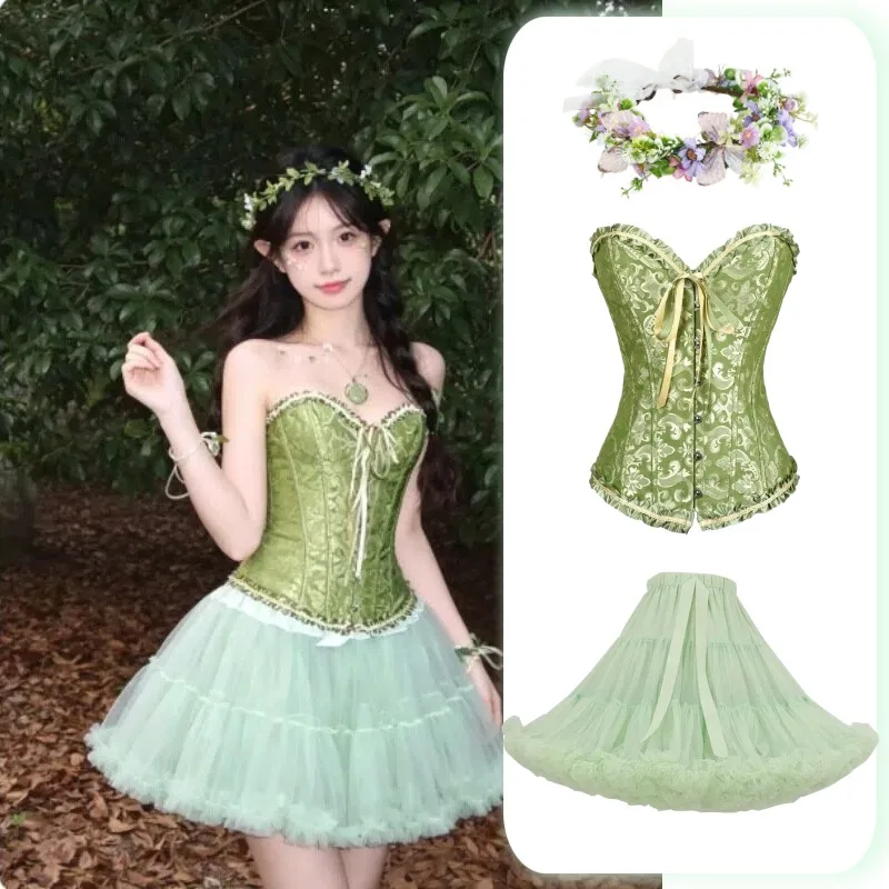 Disfraz de elfo de hada pequeña, top ajustado sin tirantes, falda tutú con corona, conjunto para mujer, fiesta de Halloween