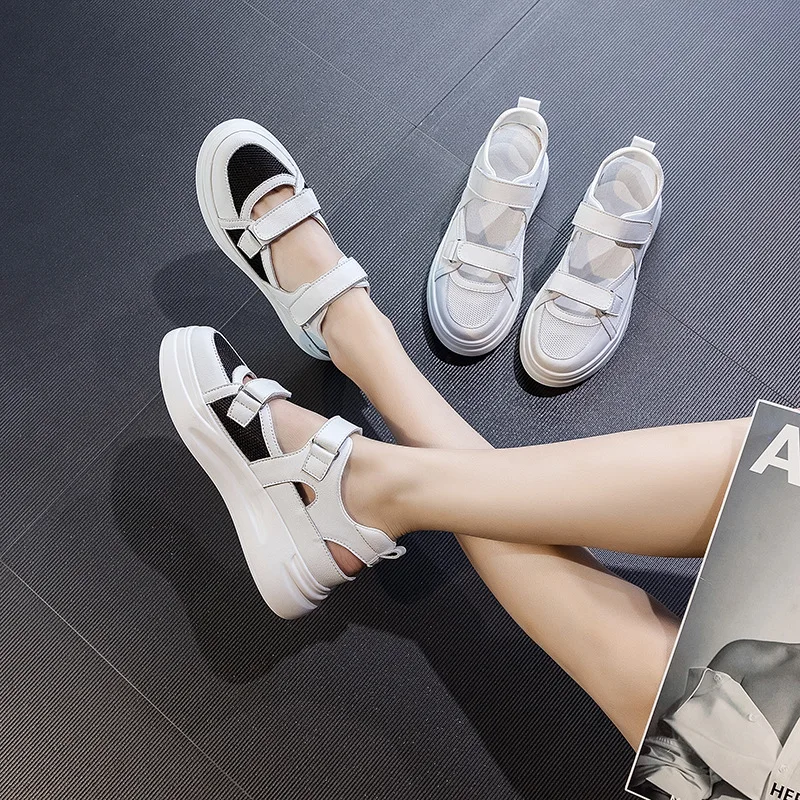 Leather Women's Sports Sandals Summer Fashion Casual Sports Baotou Shoes Mesh Thick Bottom Casual Women's Sandals Size 34-39