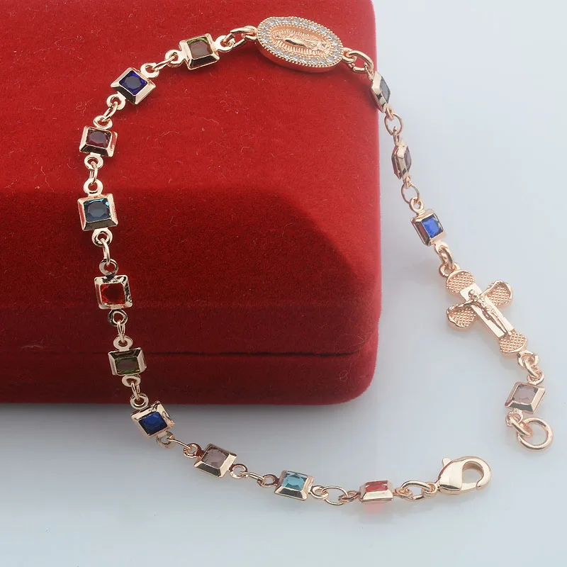 2 Color Women 585 Rose Gold Color White Colorfuly Stone With Cross Oval Wristband Bracelet Link Chains