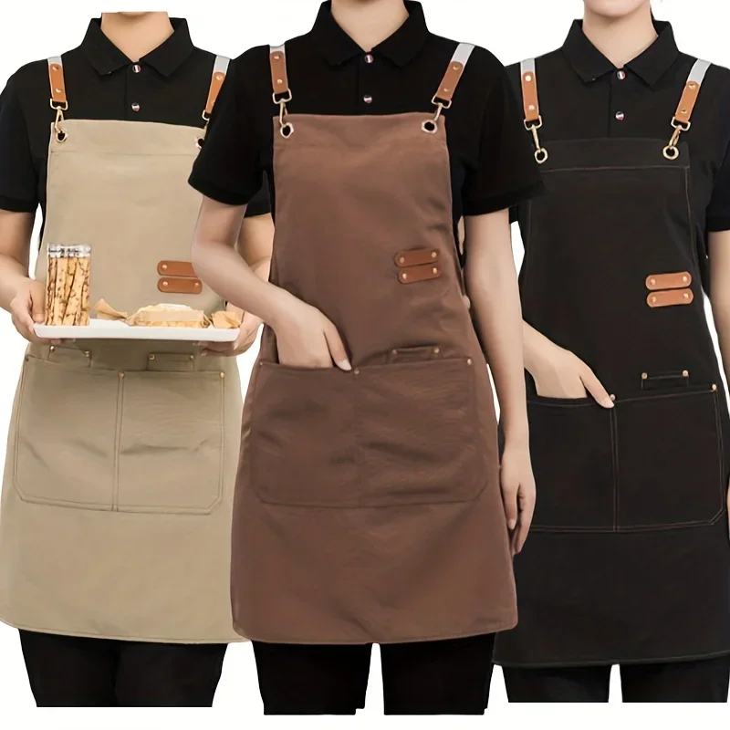 1 Canvas Waterproof and Oil Resistant Apron with Pockets, Suitable for Coffee Bar, Restaurant, Flower Shop, Coffee Baking