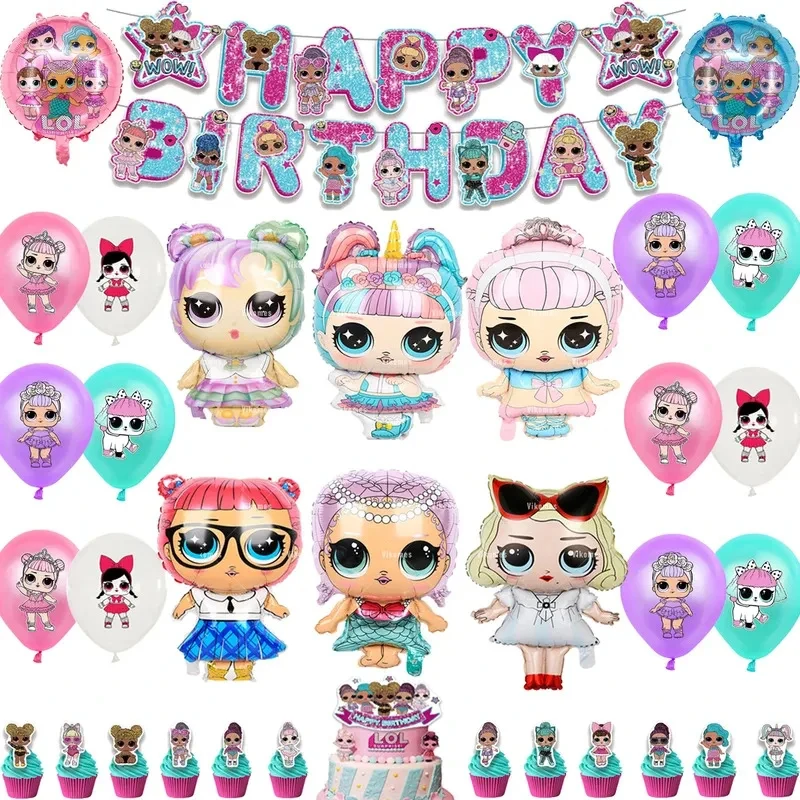 Guirnalda de Cumpleaños con Temática de Chicas de Ojos Grandes, Decoración para Fiesta LOL, Vajilla de Papel, Bandera de Feliz Cumpleaños para Niña Sorprendida, Globos de Fondo