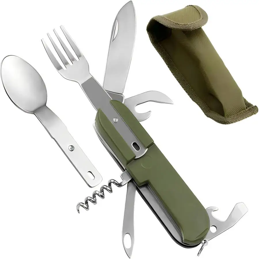 1PC Multifunctional Knife Spoon Camping Tool,Portable 7-in-1 Stainless Steel Travel Tableware,Multifunctional Folding Tableware