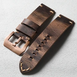 Handmade Head Layer Cowhide Watch Strap 20MM 22MM 23MM 24MM 26MM, Bronze Watch Strap with Vintage Solid Bronze Buckle, CUSN8